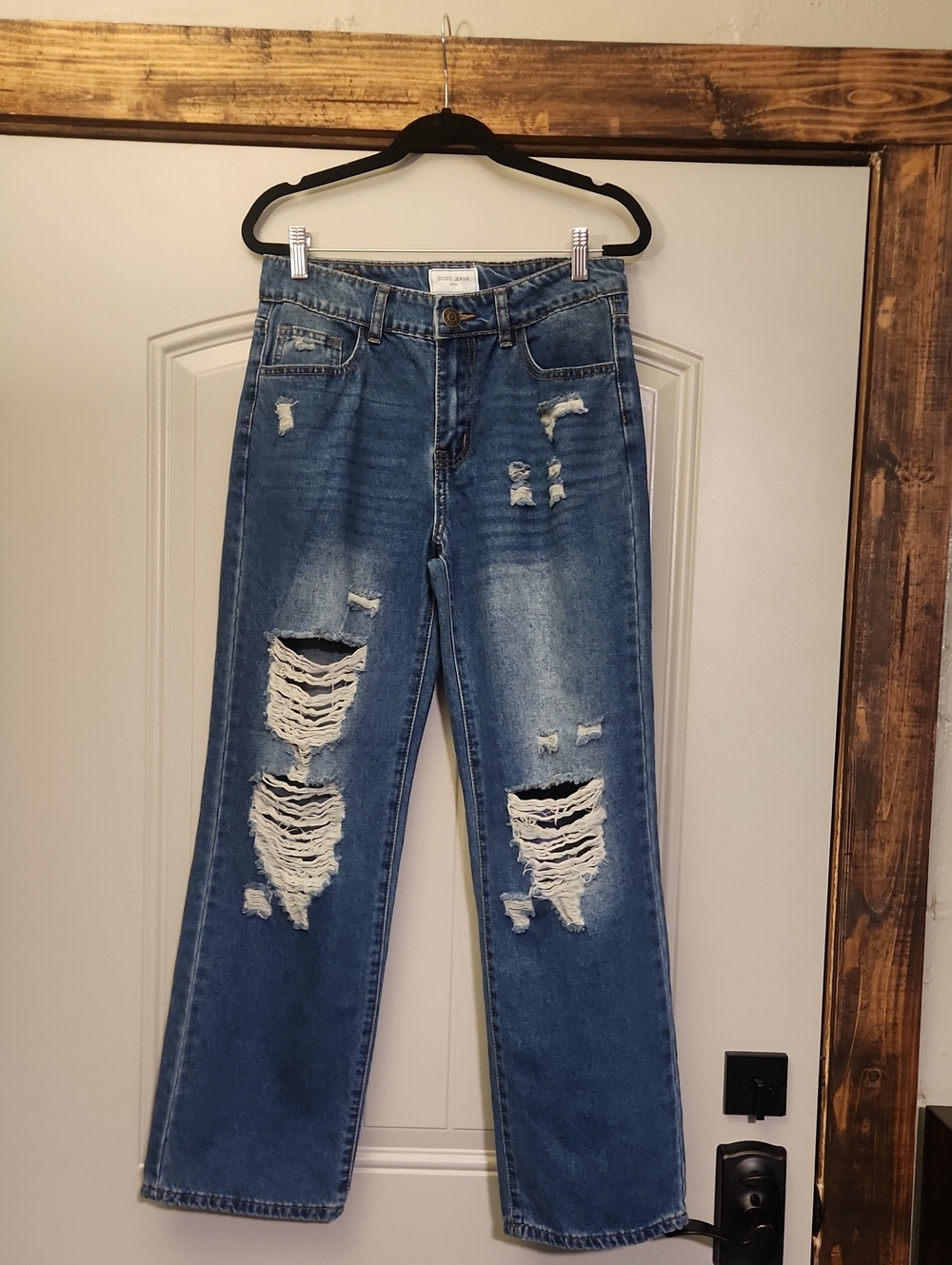 Gogo Jeans USA Distressed Denim Blue Jeans Adjustable Built-In Back Belt 7/28 🔅